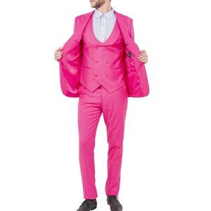Fuchsia Peak Lapel Double Breasted Vest 3 Piece Skinny Fit Tazzio Men's Suit